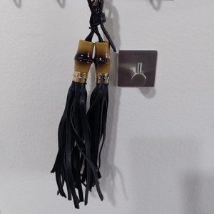 Belted Fashion Double Tassel Bag Charm Keychain Black Faux Leather
